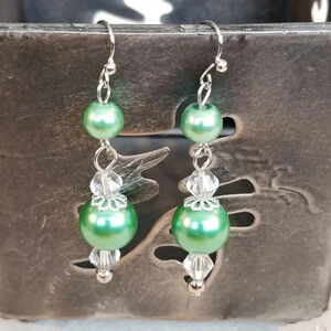 Artisan Glossy Green Glass Pearl Clear Crystal Silver Plated Dangle Earrings